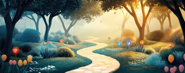 A serene forest path illuminated by soft light, surrounded by colorful flowers and lush greenery, ideal for relaxation and inspiration.