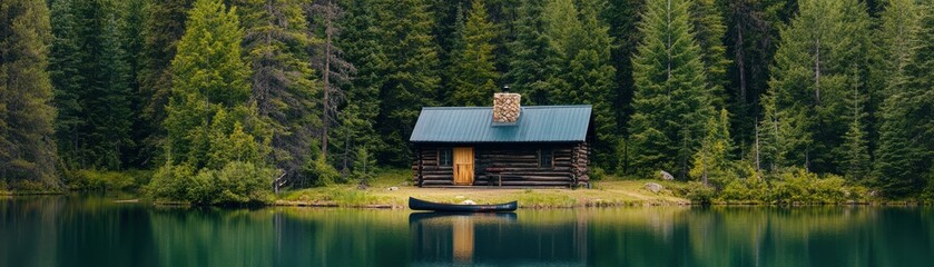 A serene lakeside cabin surrounded by lush green trees, perfect for relaxation and nature escape.