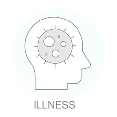 Vector icon for Illness. Human head with virus symbol representing sickness, health issues, and medical diagnosis.