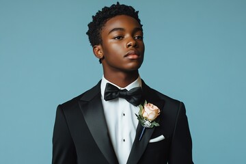 Elegant young man in tuxedo with boutonniere.