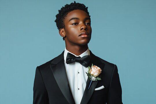 Elegant young man in tuxedo with boutonniere.