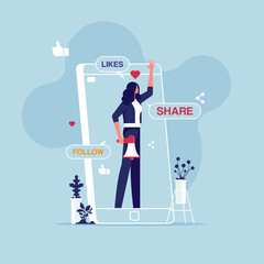 Social Media Marketing Illustration concept, businesswoman make posts on social media. Digital advertising