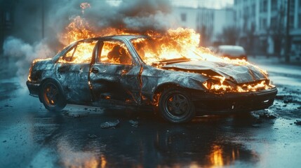 Burned out car on city street