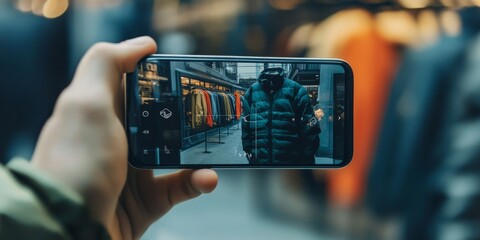 an AR shopping app, with virtual clothing overlaid on a live image of the user, enhancing online retail with try-before-you-buy functionality.