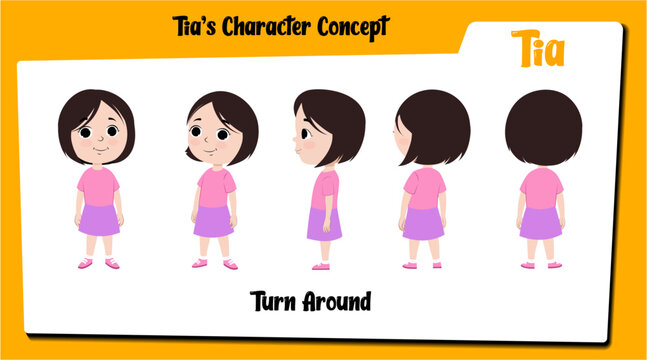 A girl cartoon character turn arround sheet AKA Tia, little girl cartoon vector.