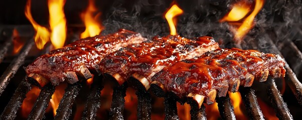Juicy ribs sizzling on a grill, surrounded by flames and smoke, showcasing the perfect BBQ experience.