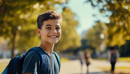 A cheerful boy with a backpack smiles joyfully in a sunlit park filled with trees and blurred friends in the background.
