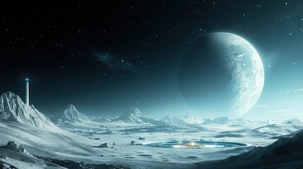 Naklejka premium Futuristic Sci-Fi Landscape with Celestial Bodies