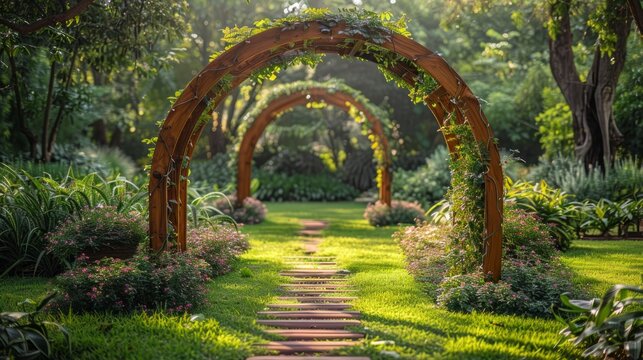 arched arch with tree decoration in the garden 