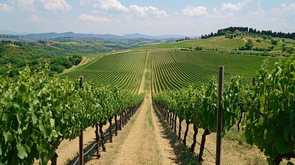 Fototapeta premium A picturesque view of a vineyard in the Italian countryside, with rows of grapevines leading towards a distant horizon.