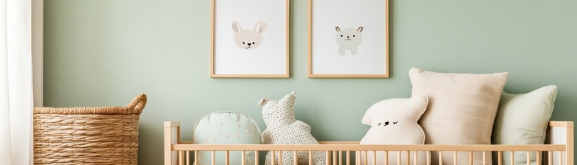 A serene nursery featuring soft colors, decorative pillows, and charming art, creating a cozy environment for a baby.