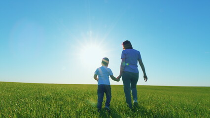 Naklejka premium Happy Mom And Son Are Walking On Grass On Lawn. Happy Family Mom And Son A Walk Hold Hands In Park. Boy Holding Hands Walking With Mother At Sunny Summer Green Grass Meadow. Gimbal Stabilize.