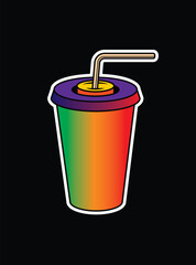 Fast food plastic cup with straw. Hot or cold drink. Original vector illustration in vintage style.