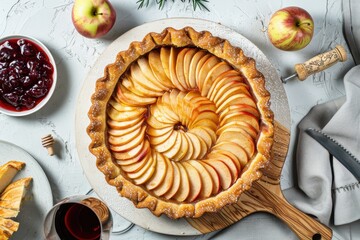 authetic food photo of apple tart with imprefect hand made texture, on a wooden board.