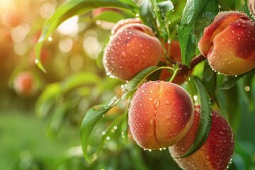 Close-Up of Ripe Peaches with Water Droplets