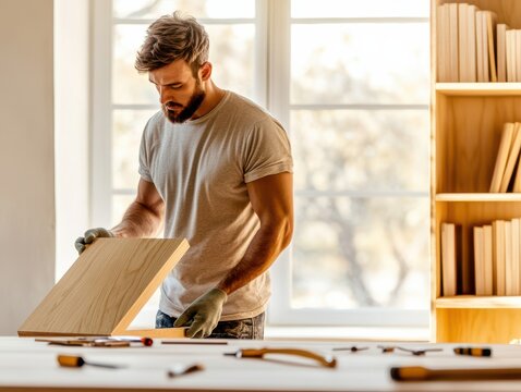 A skilled carpenter working with wood, focusing on a project in a bright workshop filled with tools and materials.