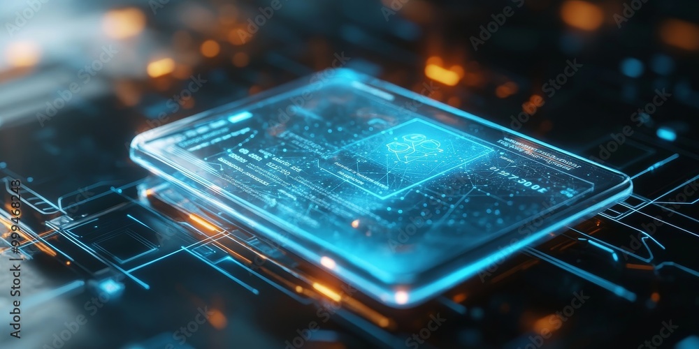 Poster macro shot of an ar business card, with virtual elements and contact details displayed through an ap