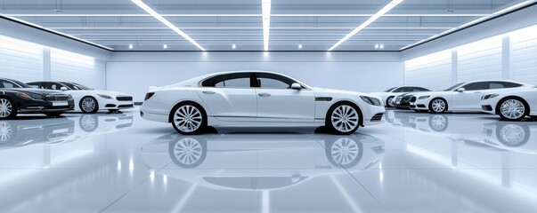 A sleek white luxury car showcased in a modern showroom with brilliant lighting and polished floors for automotive enthusiasts.