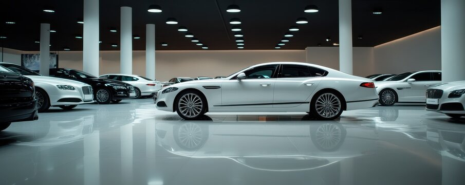A sleek white luxury car showcased in an upscale showroom surrounded by modern vehicles, emphasizing elegance and automotive design.