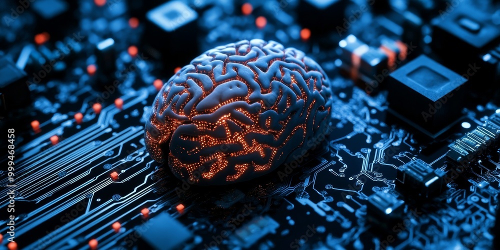 Aufkleber Macro shot of a cognitive AI chip, with intricate circuits and data processors, serving as the brain of artificial intelligence.
