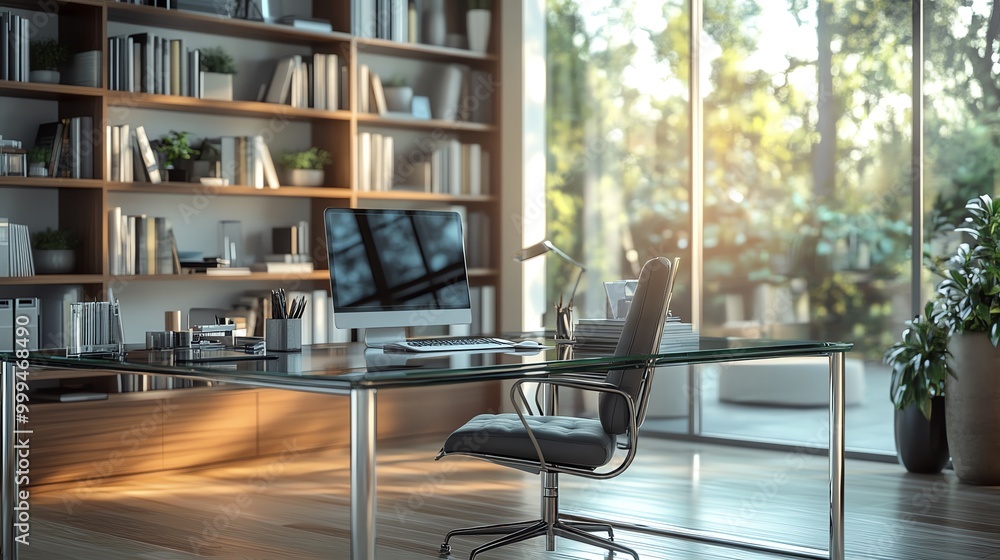 Poster a sleek glass desk with a computer and a leather office chair sits in a bright room with a bookshelf