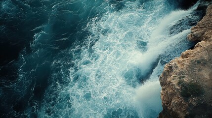 Aerial View of Powerful Ocean Waves Crashing Against Rocky Cliff on a Sunny Day