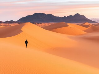 Fototapeta premium A solitary figure walks through vast, golden sand dunes beneath a colorful sky, showcasing the beauty of desert landscapes.