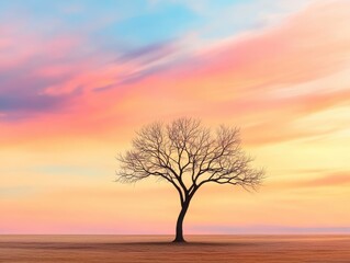Fototapeta premium A solitary tree stands against a vibrant sunset sky, showcasing nature's beauty and tranquility in a serene landscape.