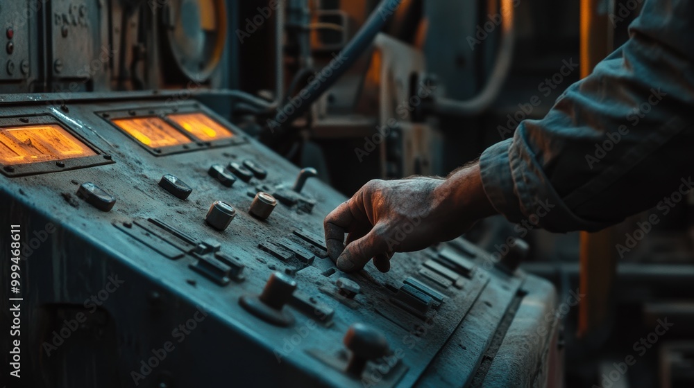 Poster close up view of engineer adjusting control panel