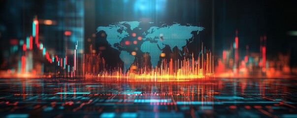 Abstract digital visualization of global data trends with vibrant graphs and a world map, representing technology and finance.