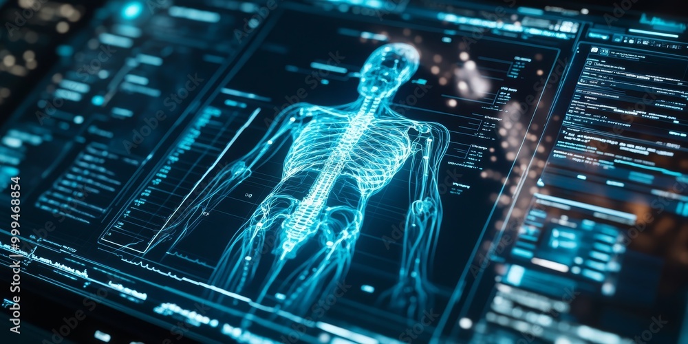Aufkleber a medical ai interface, analyzing patient data in real-time, with visible diagnostic results and per