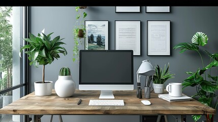 Office desk setup with pinned notes, plants, and minimal decor