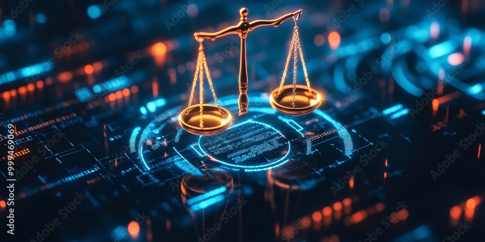 Aufkleber Macro shot of a balance scale icon on a screen, symbolizing fairness and ethics in AI decision-making algorithms.