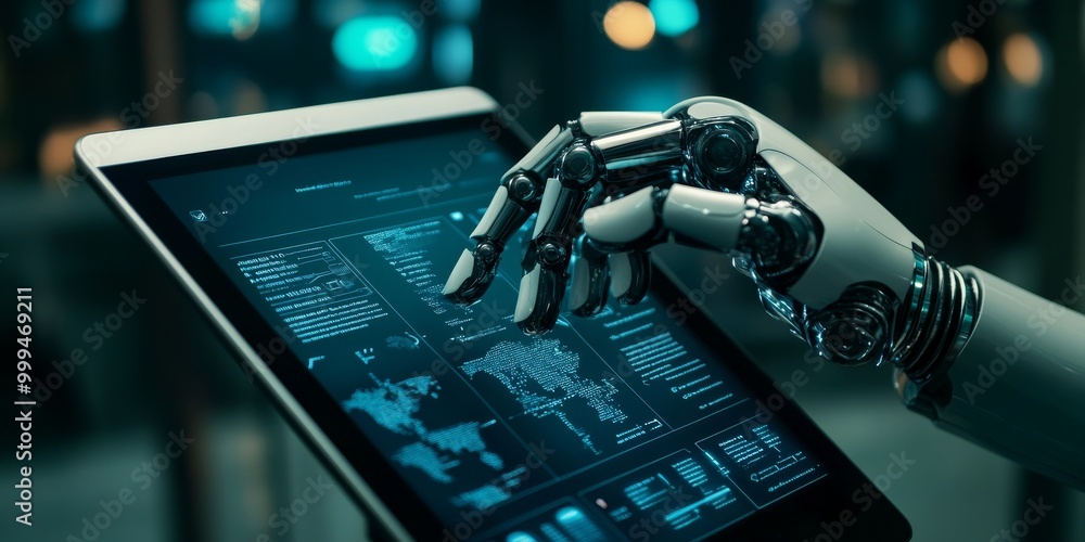 Aufkleber an AI ethics report on a tablet, offering detailed analysis and recommendations for the ethical use of AI.