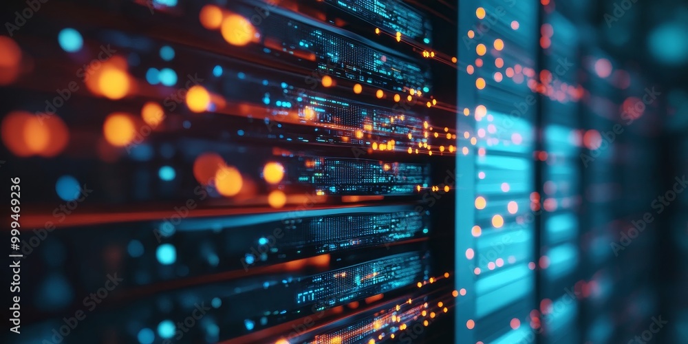 Aufkleber a server rack processing large datasets, with AI algorithms optimizing real-time data flow, showcasing advanced data handling.