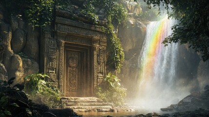 Intricate Stone Door Hidden Behind a Waterfall