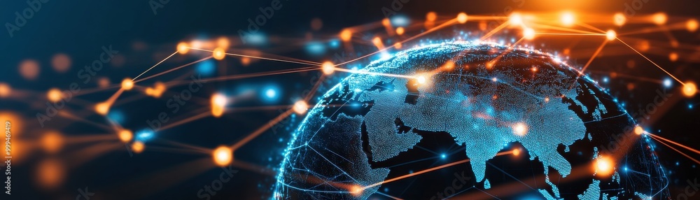 Poster a stunning visualization of the globe connected by glowing networks, representing global communicati