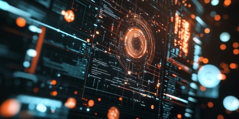 Obraz premium Macro shot of a screen showing real-time AI data processing, displaying intricate visualizations and large datasets for advanced analytics.