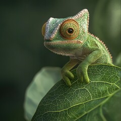   A chameleon perched atop a broad leaf, with a vivid green foliage in the foreground, its eyes alert and open