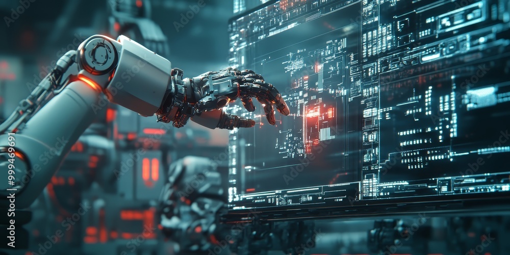 Poster Detailed view of an AI-driven industrial system, where robots collaborate efficiently under AI guidance, delivering high precision.