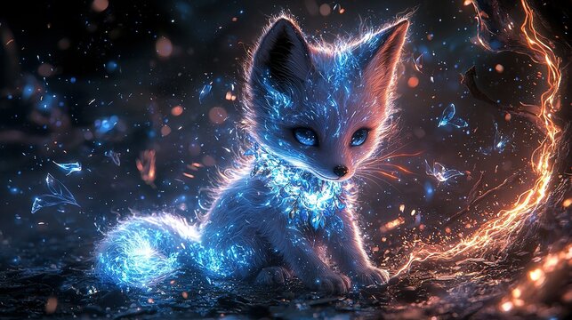  Blue-eyed kitten sits in front of fiery ball on black backdrop