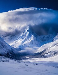 Dramatic snow-capped peaks with storm clouds gathering above, creating a powerful winter scene
