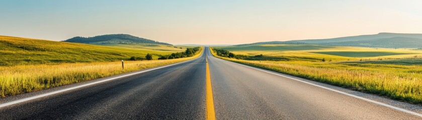 A tranquil road stretches into the distance, surrounded by lush green fields and gentle hills under a bright blue sky.