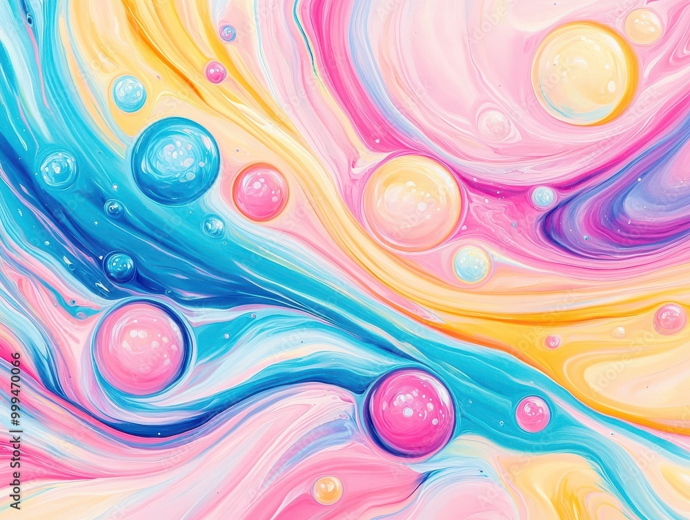 Poster a vibrant abstract artwork featuring swirling pastel colors and glossy bubbles, creating a playful a