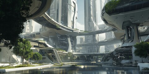 A detailed view of sci-fi architecture in a futuristic city, showcasing robotic construction, advanced technology, and a sleek, modern look.