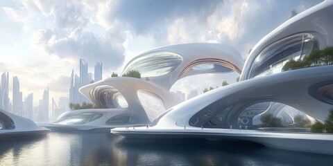 Fototapeta premium Futuristic architecture with sci-fi elements, featuring robotic systems, smart technology, and a sleek, high-tech design.