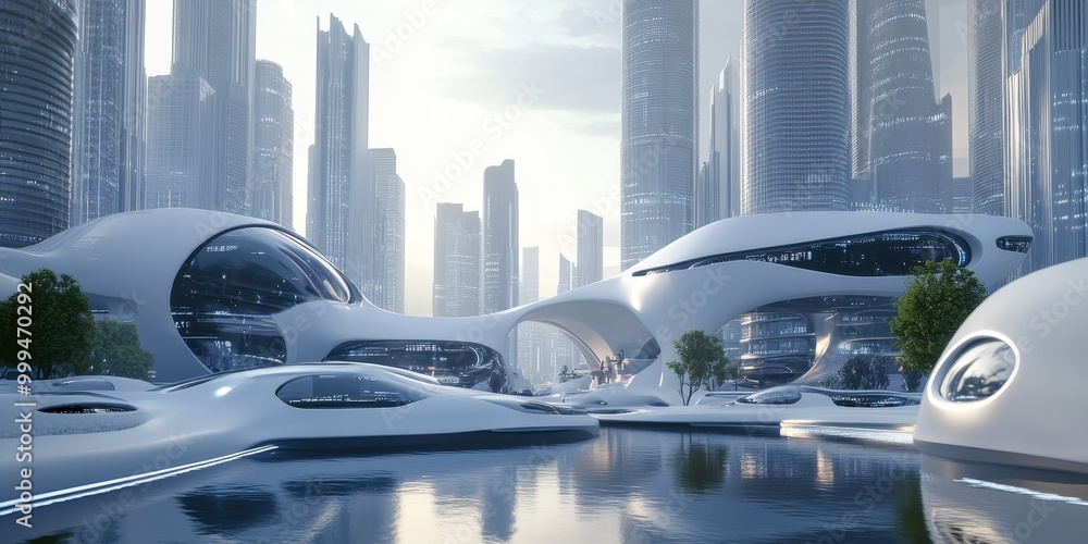 Aufkleber Smart building technology with robotic integration, featuring advanced AI systems and sleek, high-tech design in a futuristic city.