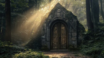 Fototapeta premium Mysterious Archway with Ornate Door in Forest