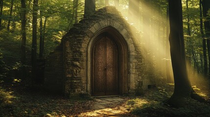 Fototapeta premium Enigmatic Archway with Ornate Door in Forest Setting