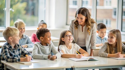 Happy diverse kids sitting at desk in classroom and talking with teacher, studying during lesson, woman explaining subject to pupils